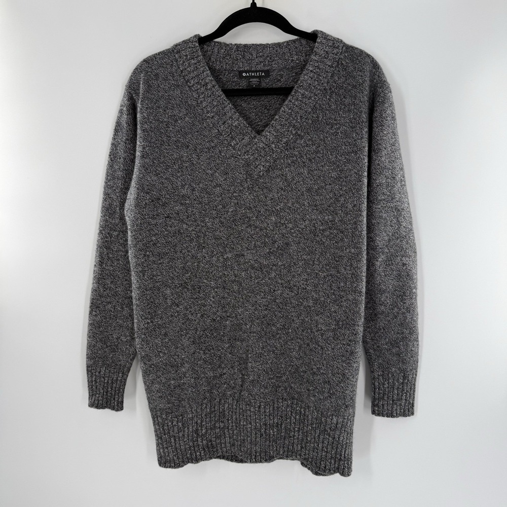 ATHLETA Vital V Neck Tunic Wool Cashmere Blend Sweater Black Heather Small